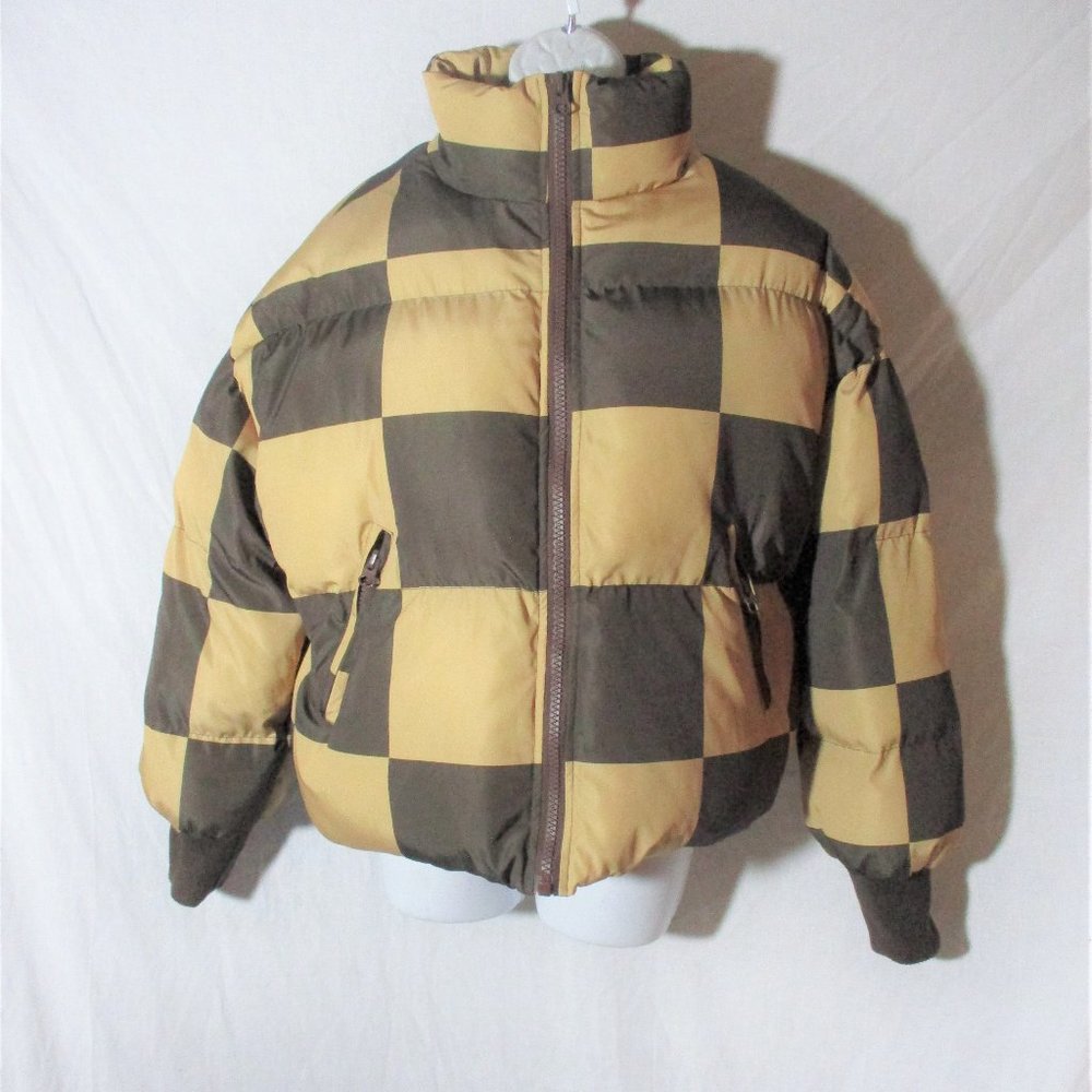 EDITKED PATCHWORK CHECK FULL ZIP JACKET Coat Parka Ski Puffer BROWN XS